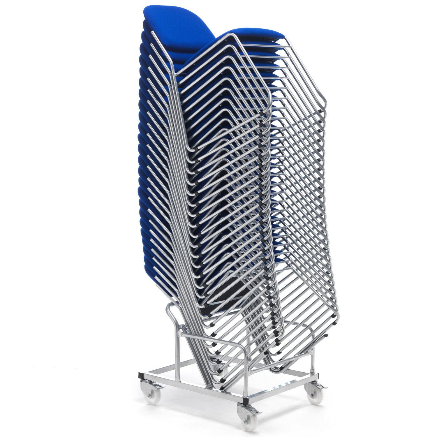 Stacked City side chairs on a trolley. The chairs have blue upholstered seats and backs, and silver metal frames.