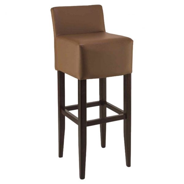 Front view of the DJ B barstool. It features a brown upholstered seat and back with a dark-stained wooden frame.
