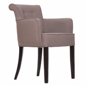 Front view of a taupe Elm armchair. Features include a fully upholstered seat and back with dark wood legs.