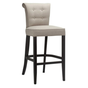 Front view of the Elm barstool. It features a dark wood frame and a light beige upholstered seat and back with button accents.