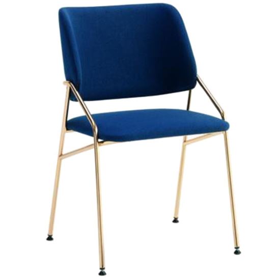 Angled view of the Line side chair in blue upholstery with a brass metal frame.