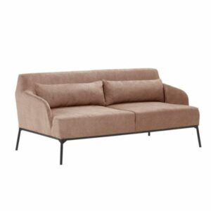 Front view of a brown upholstered Marcus Sofa with a metal frame and two throw pillows.
