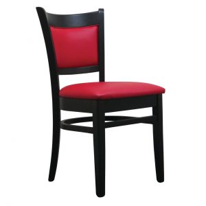 Upholstered A77 side chair. Wood frame, red seat and back. Restaurant chair.