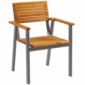 Bench armchair with grey powder-coated aluminum frame and robinia wood seat and back. Stackable.