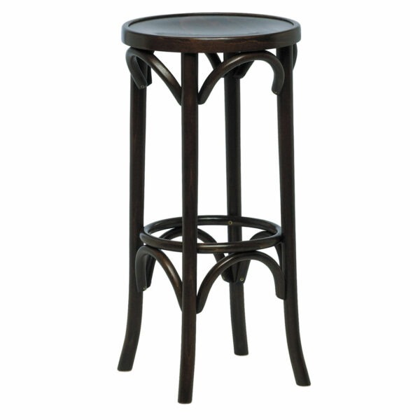 Front view of a dark-stained beech bentwood barstool with curved details and a circular footrest. The seat is round and un-upholstered.