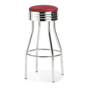 Front view of a Boom barstool. It has a metal frame, upholstered red seat, and a footrest.