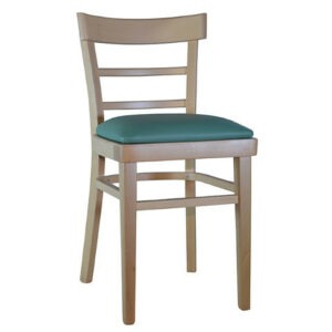 Front view of a Cappuccino side chair with a wooden frame and green upholstered seat.