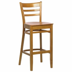 Front view of a light-stained beech wood Danish barstool with a square seat and a three-slat back.