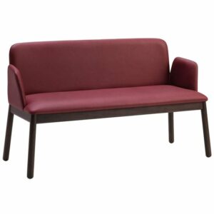Maroon Frida sofa with upholstered seat and back, and a solid dark beech frame.