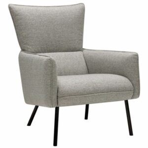Upholstered Harry lounge chair in light gray fabric with black metal legs. Angled view.