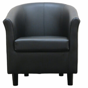 Front view of a black, faux leather Hill tub chair with a solid wood frame and short, dark wood legs.