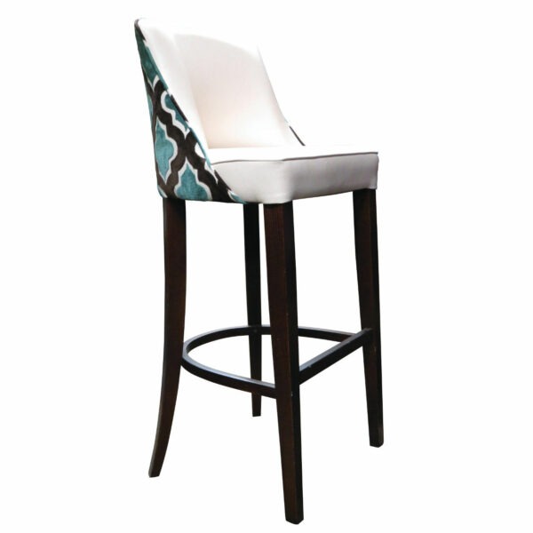 Upholstered Kloe barstool with a solid dark wood frame. The seat and back are white and teal patterned. High stool.