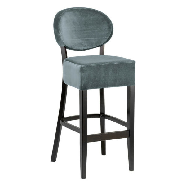 Upholstered Memphis oval barstool with a dark stained beech frame and a grey velvet seat and back.