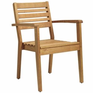 Front view of a wooden Mores armchair. The seat and back are made of horizontal slats. The chair has armrests and four straight legs. Stackable.