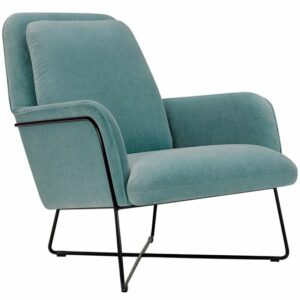 Angled view of an Oliver lounge chair. Upholstered in teal fabric with a black metal frame.