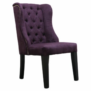 Upholstered purple Pulp lounge chair with a button-tufted back and dark wooden legs.