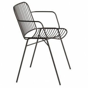 Side view of a black metal Shade Armchair. The chair has a slatted seat and backrest, with armrests and four legs.