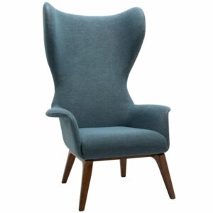 Angled view of a blue Viva lounge armchair. Upholstered seat and back with a solid wood frame.