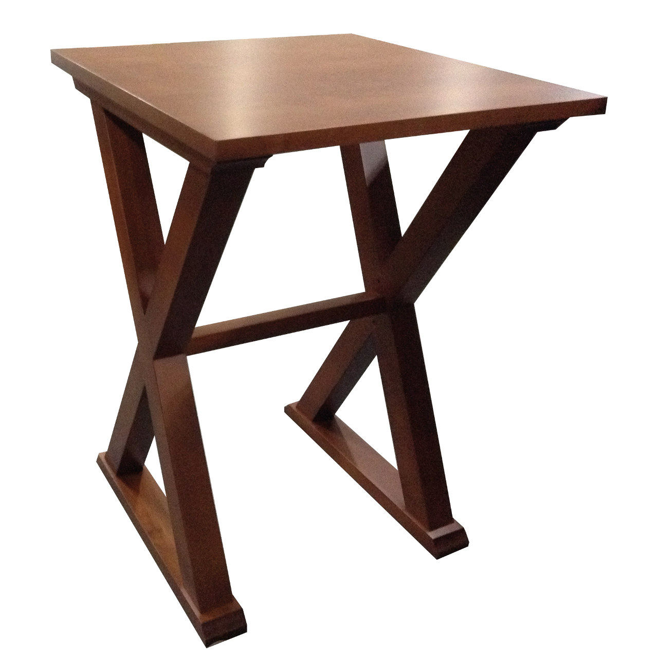 Square Bristol Table, brown wood finish. Veneered top, solid beech frame with unique cross-legged design.