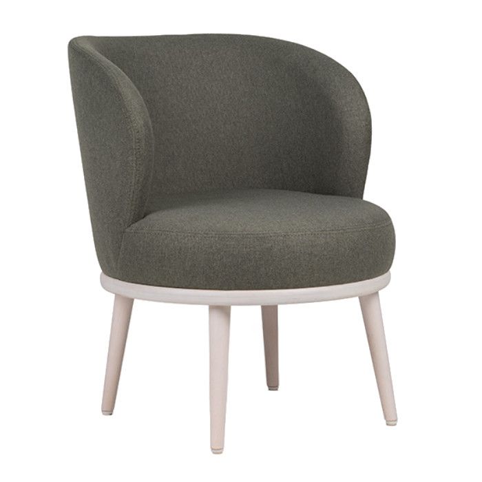Here's the Audrey lounge chair; upholstered in a dark green fabric, showcasing its solid wood frame and comfortable, curved back design.