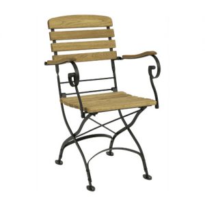 Front view of the Arch Armchair, featuring robinia wood slats and a black metal frame. Stackable outdoor chair.