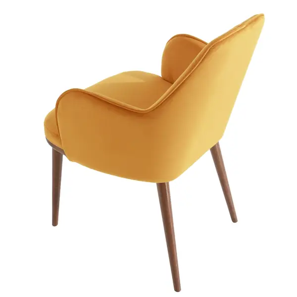 Rear-view profile of a yellow Rise Armchair showing the smooth upholstered backrest and sturdy dark wooden legs.