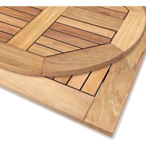 Close-up of a Wood Teak table top showing the wood grain and construction. Available in square, round, or rectangle shapes.
