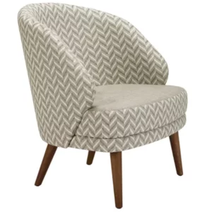 Angled view of the Alissa Lounge Chair featuring upholstered seat and back with a wooden frame and chevron patterned fabric.