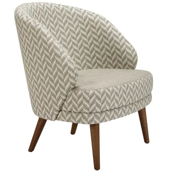 alissa lounge chair Angled view of the Alissa Lounge Chair featuring upholstered seat and back with a wooden frame and chevron patterned fabric.