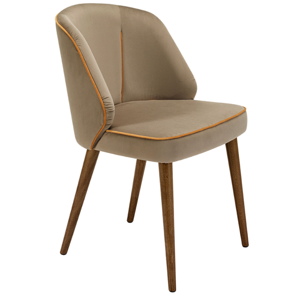 Angled view of the Alissa Side Chair, featuring a beige upholstered seat and back with wooden legs and orange piping.