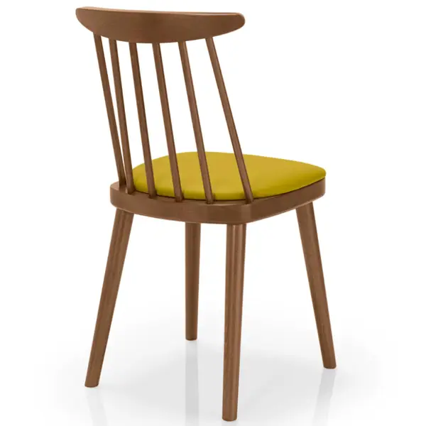 Bam side chair with solid wooden frame, yellow upholstered seat, and spindle back detail