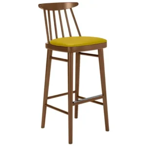 Bam Barstool with a brown wood frame, spindle backrest, and bright yellow upholstered seat cushion