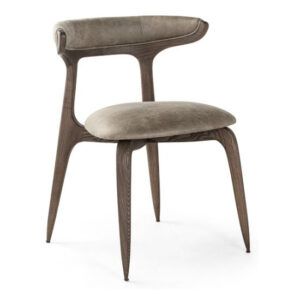 Angled view of a Bevel Side Chair featuring a gray upholstered seat and back with a stylish, stackable wooden frame.