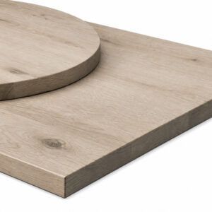 Overlapping circular and rectangular Wood Rustic Extra White Oak Table Tops highlighting the 32mm profile edge.