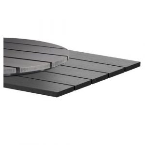 Slatted recycled black table top, round and square shapes. Durable, outdoor laminate material.