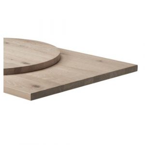 Close-up of wood rustic extra white oak table tops in round and square shapes, showing the 32mm thickness.