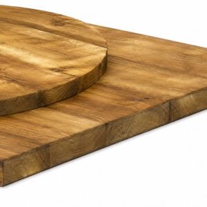 Top-down perspective of a round Wood Rustic Pine Table Top layered on a square version, showing 32mm thick edges.