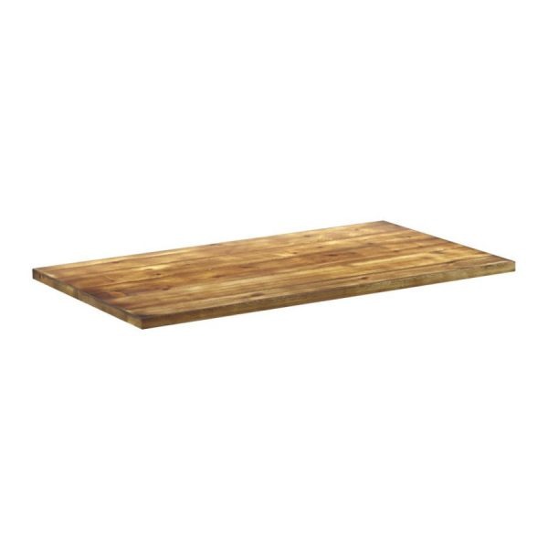 Angled view of a Wood Rustic Pine Table Top, showcasing the wood grain and warm brown tones.