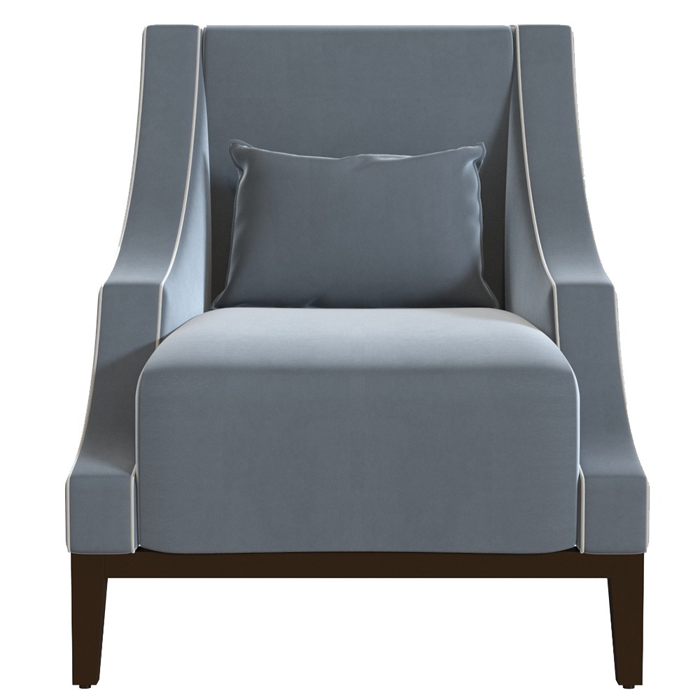 Front view of a blue Manhattan lounge chair with a wooden frame and matching pillow.