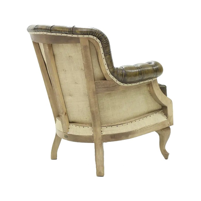 Rear view of a Deconstructed button lounge chair with a wooden frame and leather upholstery.