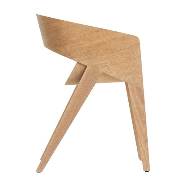 Side view of a light wood Slim Armchair with a veneered shell and wooden frame.
