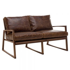 Front view of the York sofa. Brown leather cushions and beech frame.