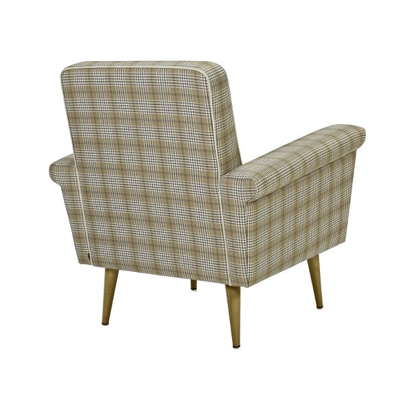 Rear view of Amalia lounge chair with brown plaid upholstery and light wood legs.
