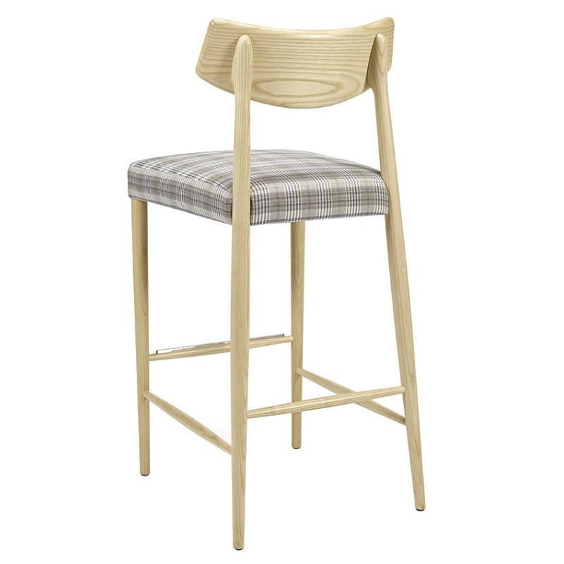 Back view of Bizu W barstool. Wood frame, upholstered seat in a gray plaid fabric, and wood back detail.
