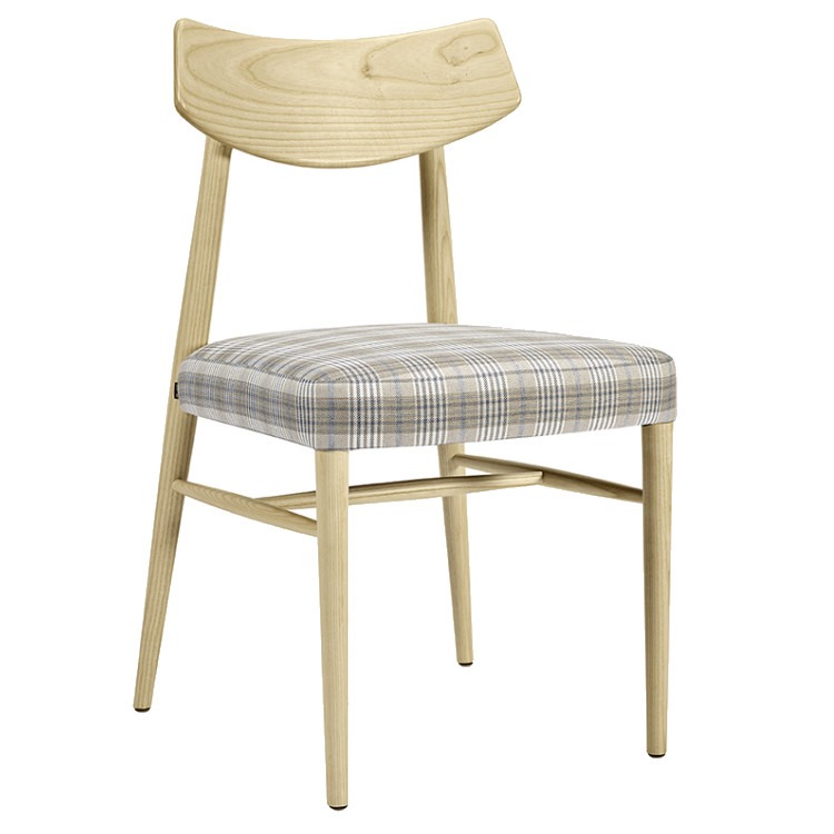 Bizu W side chair with light wood frame and plaid upholstered seat.