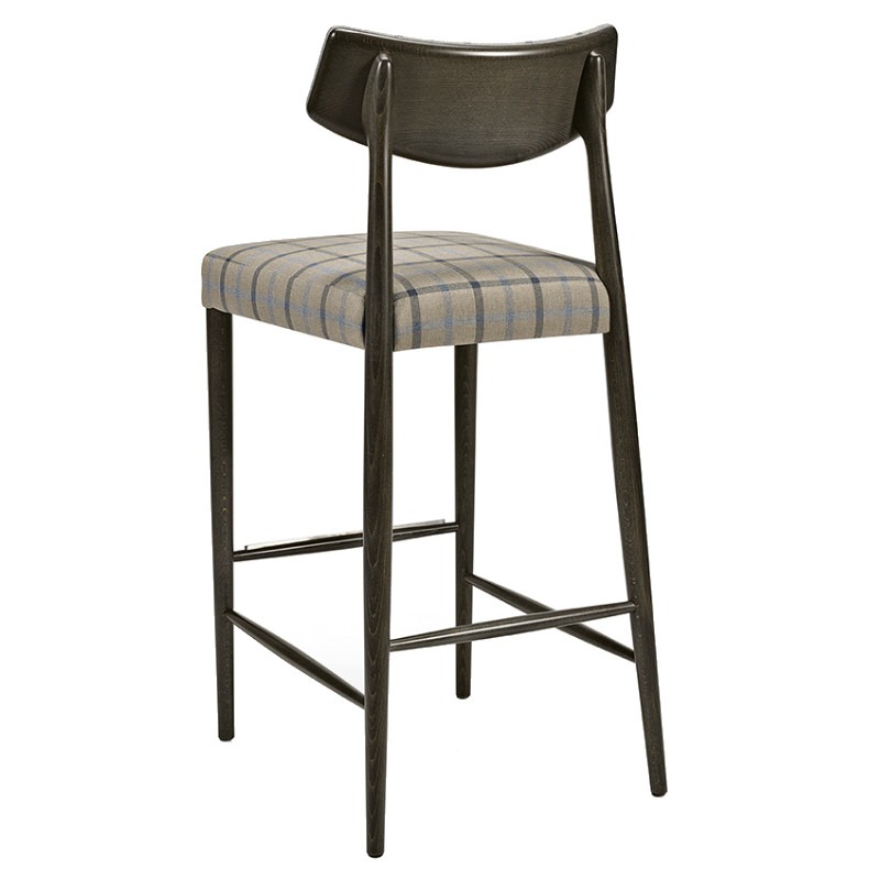 Back view of the Bizu barstool. Wood frame, upholstered seat in a gray and blue plaid fabric.