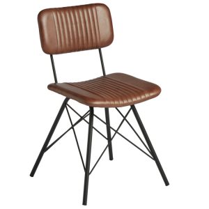 Duke Side Chair with a tan upholstered seat and back. The frame is black metal.