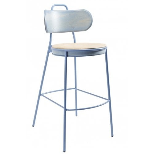 Eman B Barstool with light blue metal frame, wooden seat and back. High stool with handle.