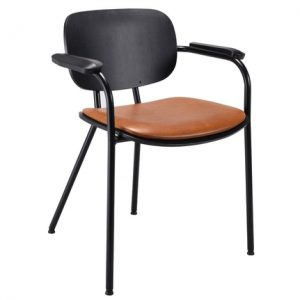 Ghibli armchair with black metal frame, wooden back and tan upholstered seat.