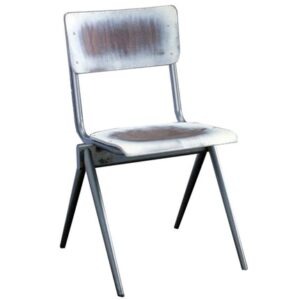 Front view of a Grip side chair. Metal frame, distressed wood seat and back.